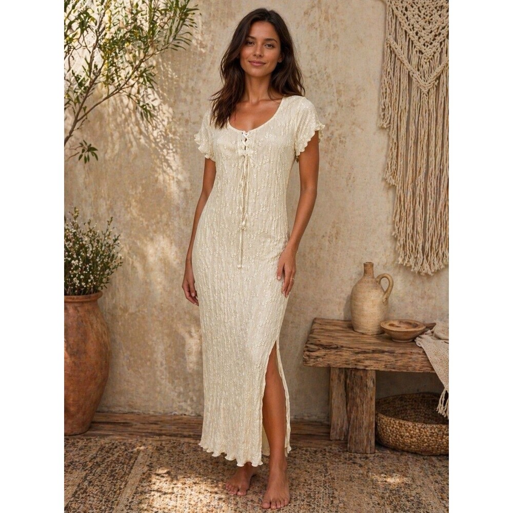 KIRIOUS Lace Up Midi Dress Cream Boho Sheer Lace Textured Slit Festival Beach S